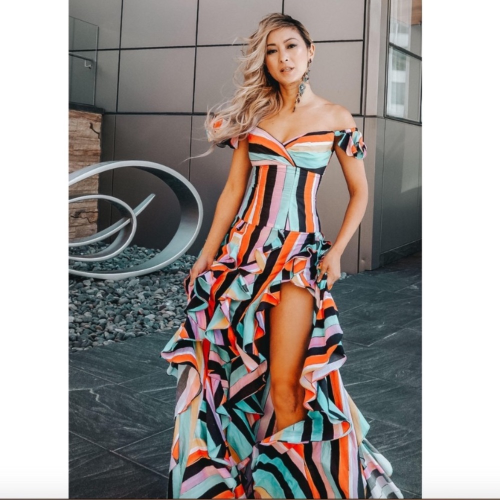 CAROLINE CONSTAS Rainbow Striped Ruffle Gown XS Carnival Gala Event Wedding